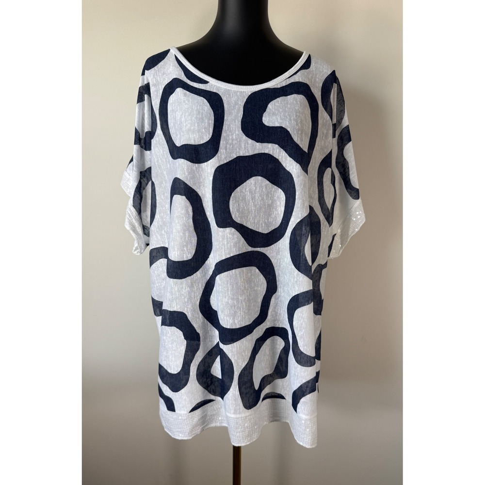 Made in Italy Linen Blend Tunic Top Navy White Abstract Circle Sequin Trim M/L